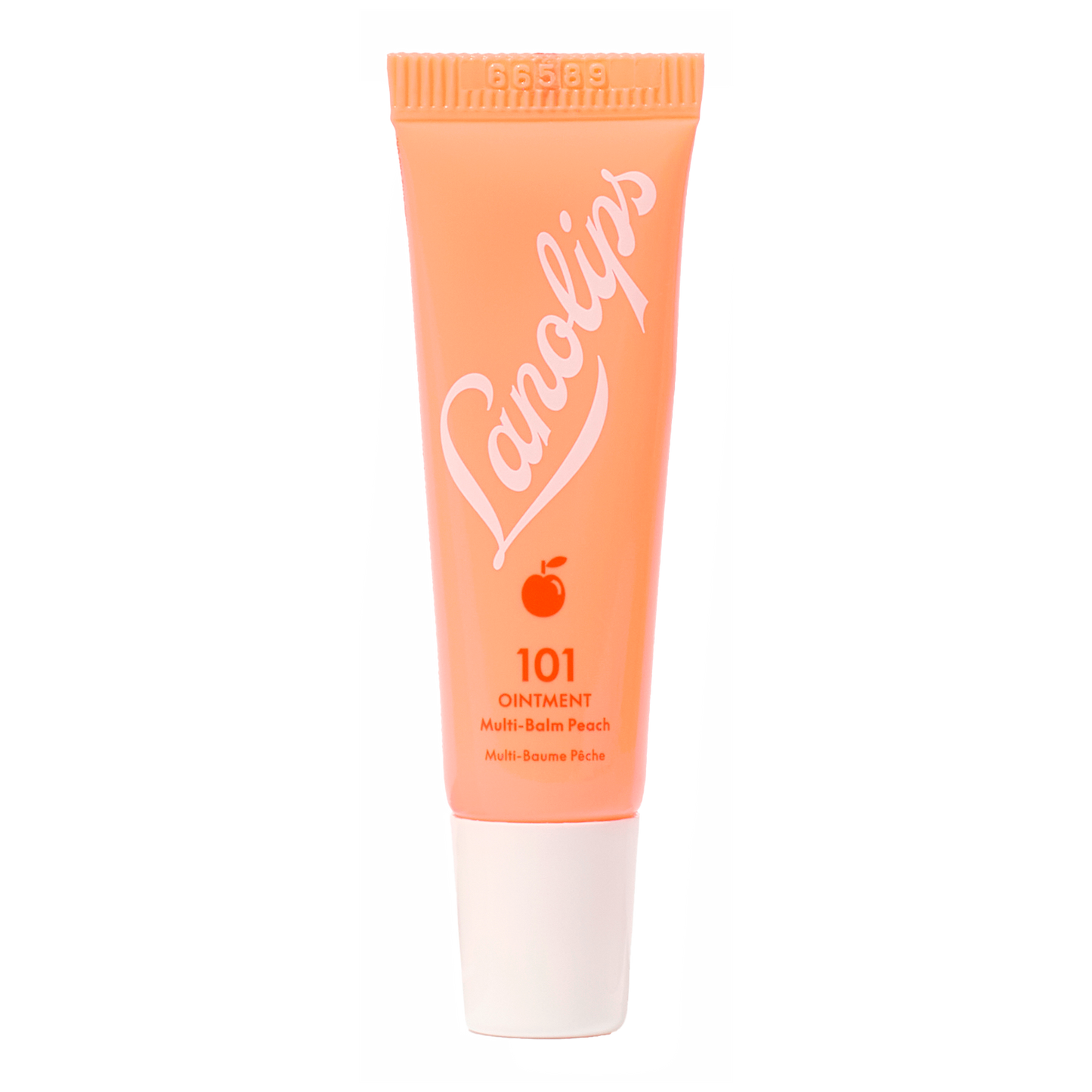 Product shot of the Lanolips 101 Ointment Multi-Balm Peach, featuring the closed tube. 101 Ointment Multi-Balm Peach is part of our 101 Flavoured lip balm range. The World's Best Lip Balm infused with with with silky peach kernel oil & vitamin E. This super-rich balm penetrates and seals in moisture to give long-lasting hydration for dry chapped lips, skin patches, cuticles, elbows & more.