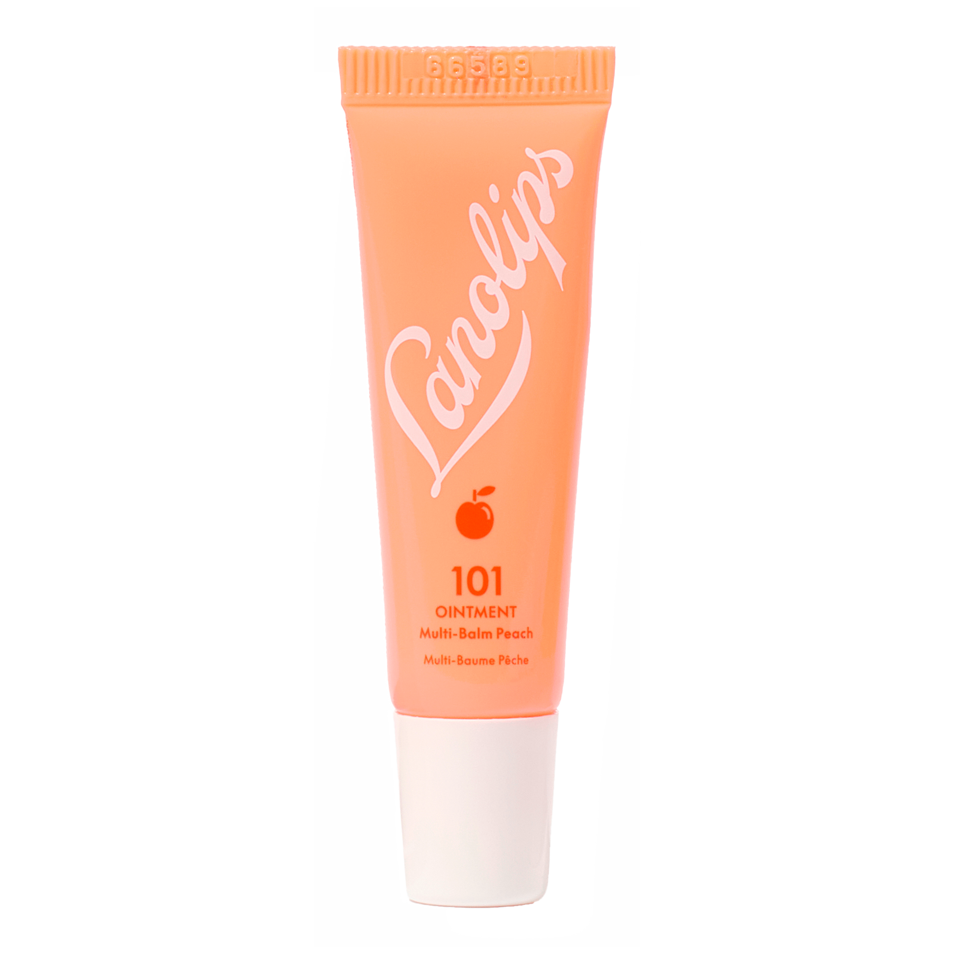 Product shot of the Lanolips 101 Ointment Multi-Balm Peach, featuring the closed tube. 101 Ointment Multi-Balm Peach is part of our 101 Flavoured lip balm range. The World's Best Lip Balm infused with with with silky peach kernel oil & vitamin E. This super-rich balm penetrates and seals in moisture to give long-lasting hydration for dry chapped lips, skin patches, cuticles, elbows & more.