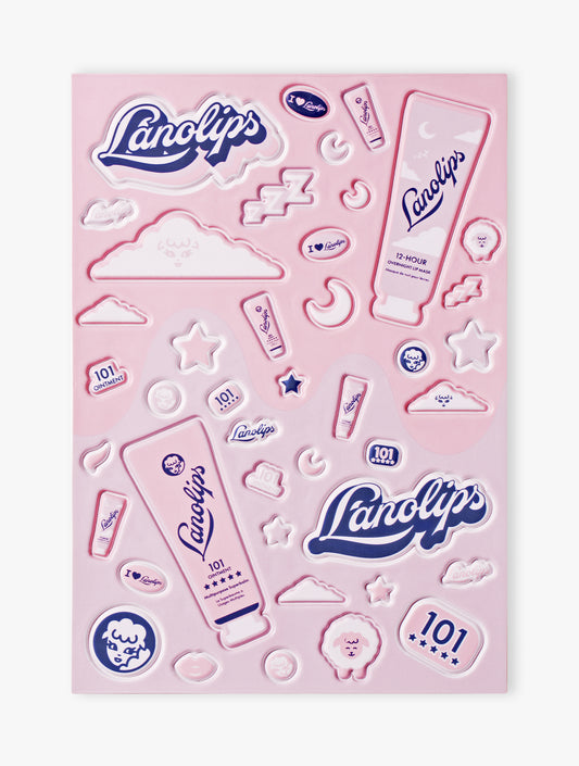 Puffy sticker sheet with Lanolips products 101 Ointment and 12 Hour Overnight Lip Mask images and branding on a pink background.
