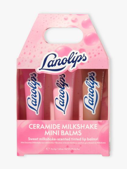 Pack of Lanolips Ceramide Milkshake mini balms with pink packaging on a white background.