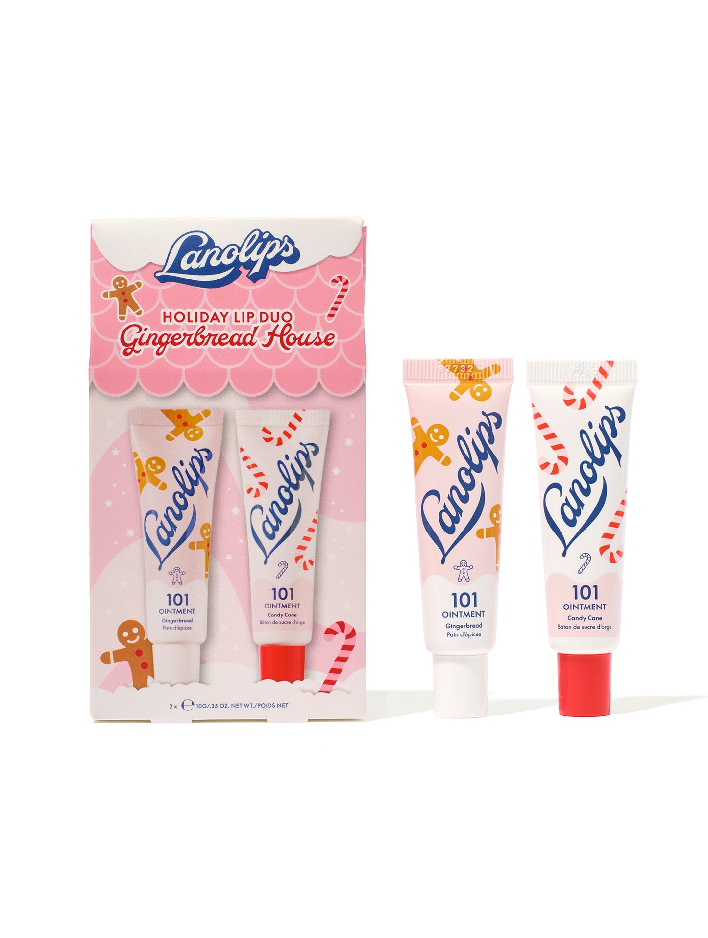 Lanolips Holiday Lip Duo Gingerbread House set, featuring 101 Ointment Multi-Balm Gingerbread and 101 Ointment Multi-Balm Candy Cane, made with lanolin, vitamin E and natural flavours.